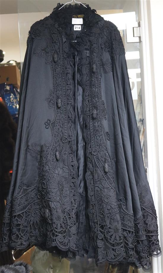 Victorian black silk and tape lace opera cape